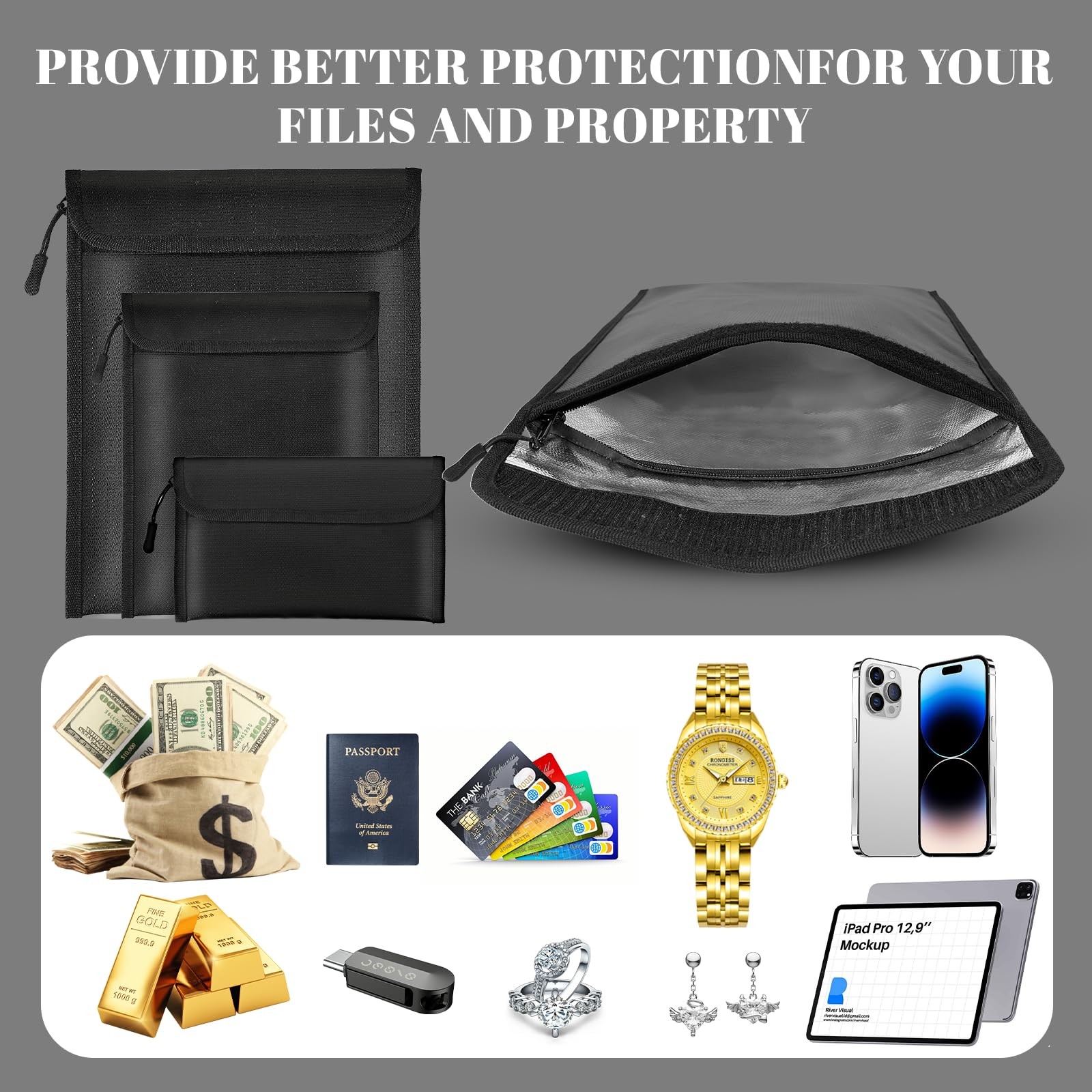Fireproof Waterproof Document Bags Zipper Pouches Set of 3