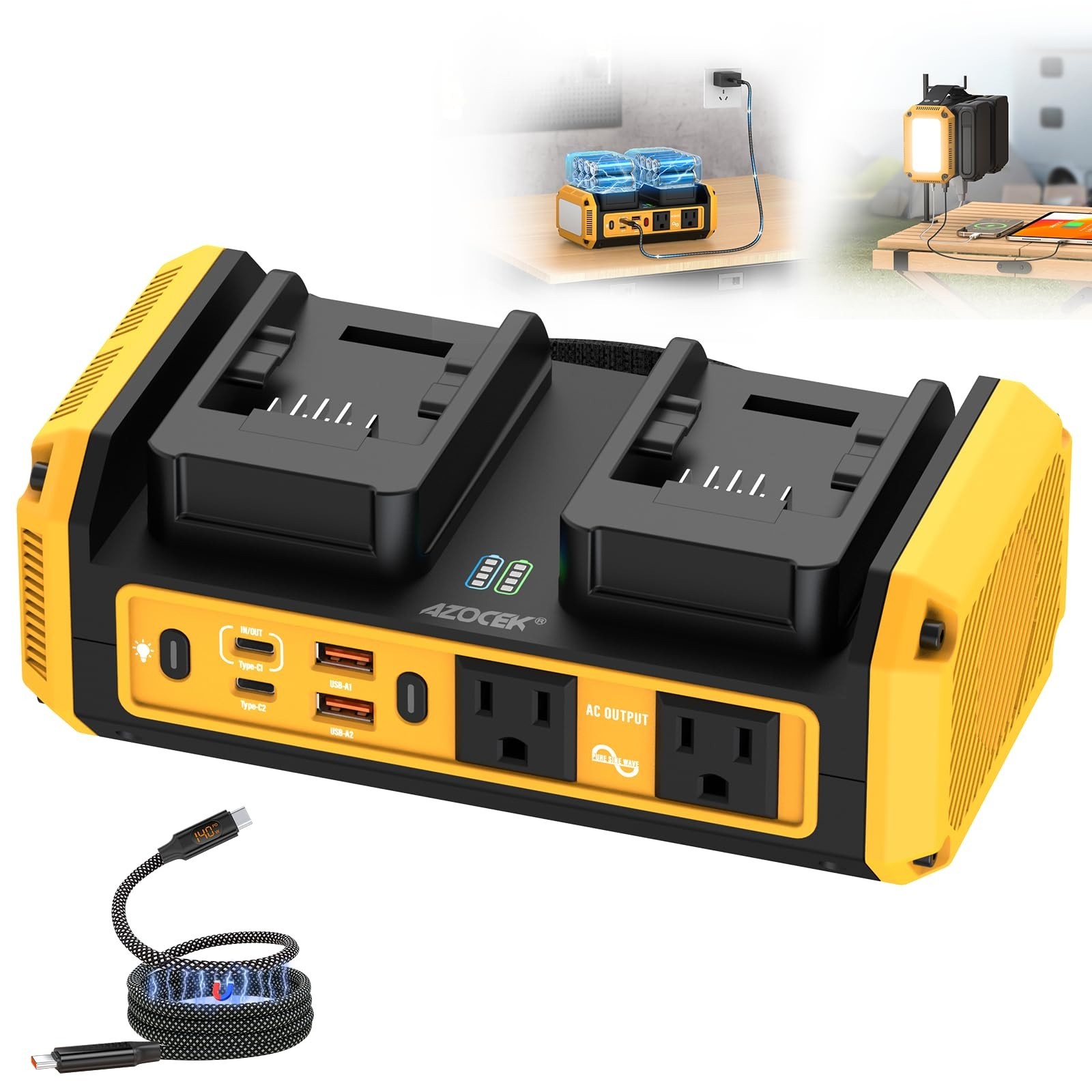 350W Dual-Battery Power Inverter Pure Sine Wave for DeWalt 20V Battery 120V AC