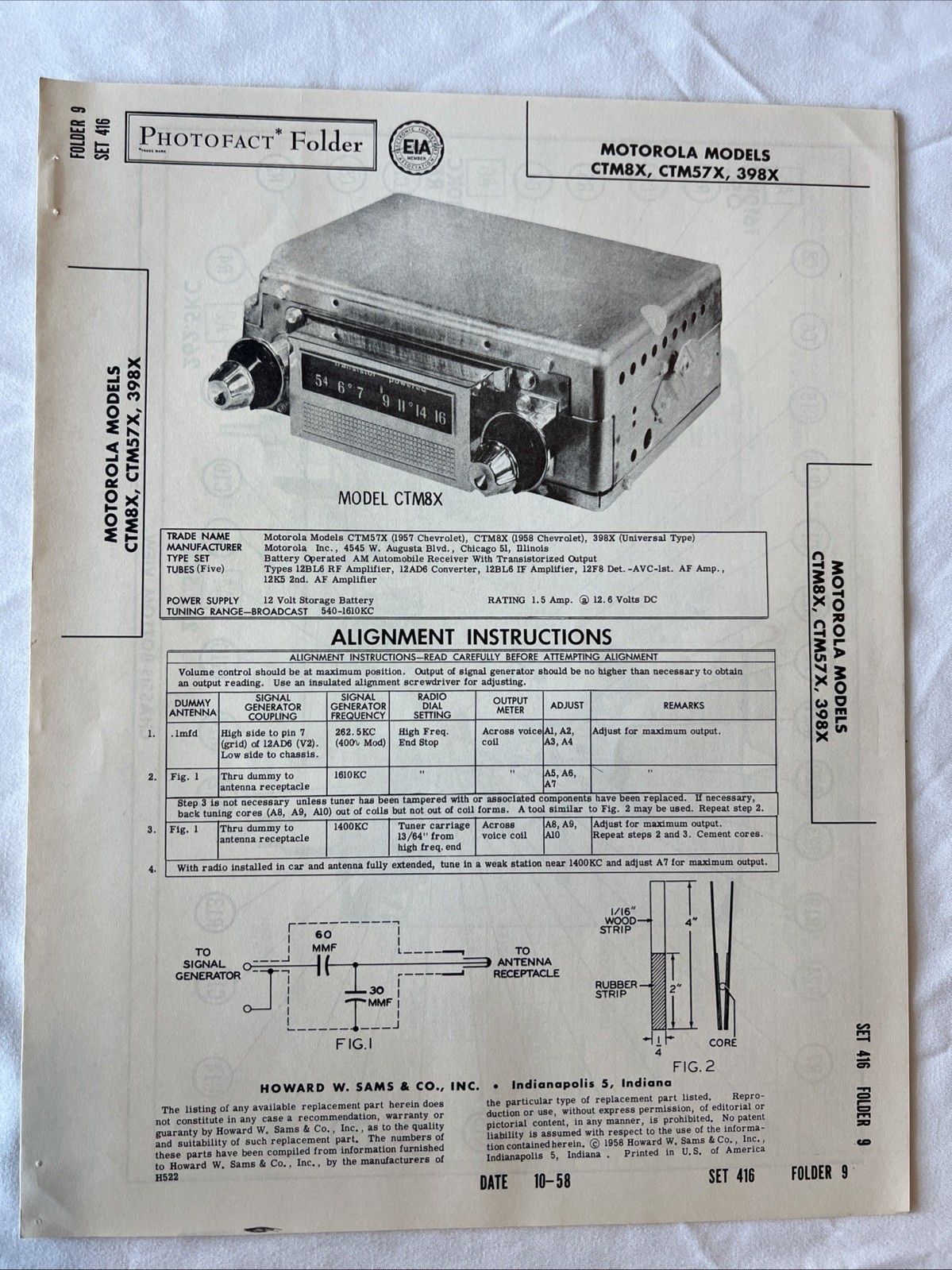Vintage Sams Photofact Schematic 10-1958 MOTOROLA MODELS CTM8X, CTM57X, 398X