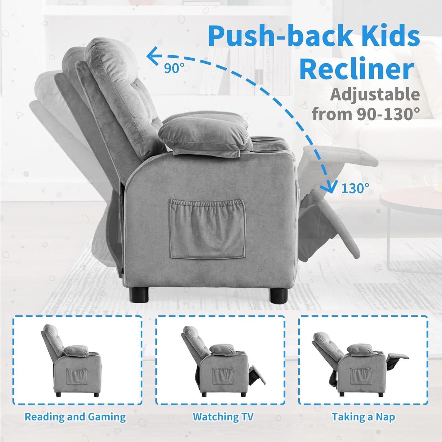Kids Recliner Chair with Cup Holders & Side Pocket for Playroom Bedroom