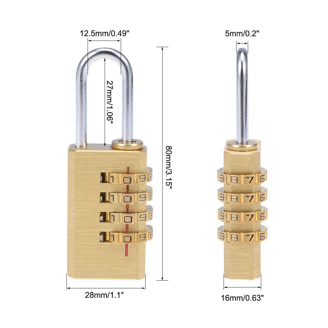 4 Digit Combination Padlock, 5mm Shackle 28mm Body Width, Brass Lock