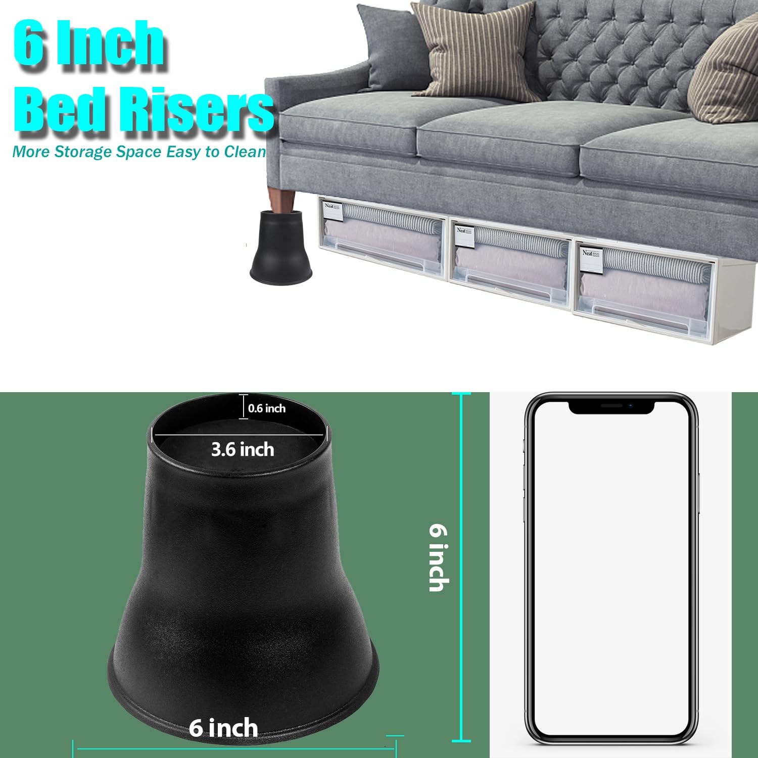 6 Pack 6 inch Heavy Duty Bed Furniture Risers Round Couch Risers 2200 lbs