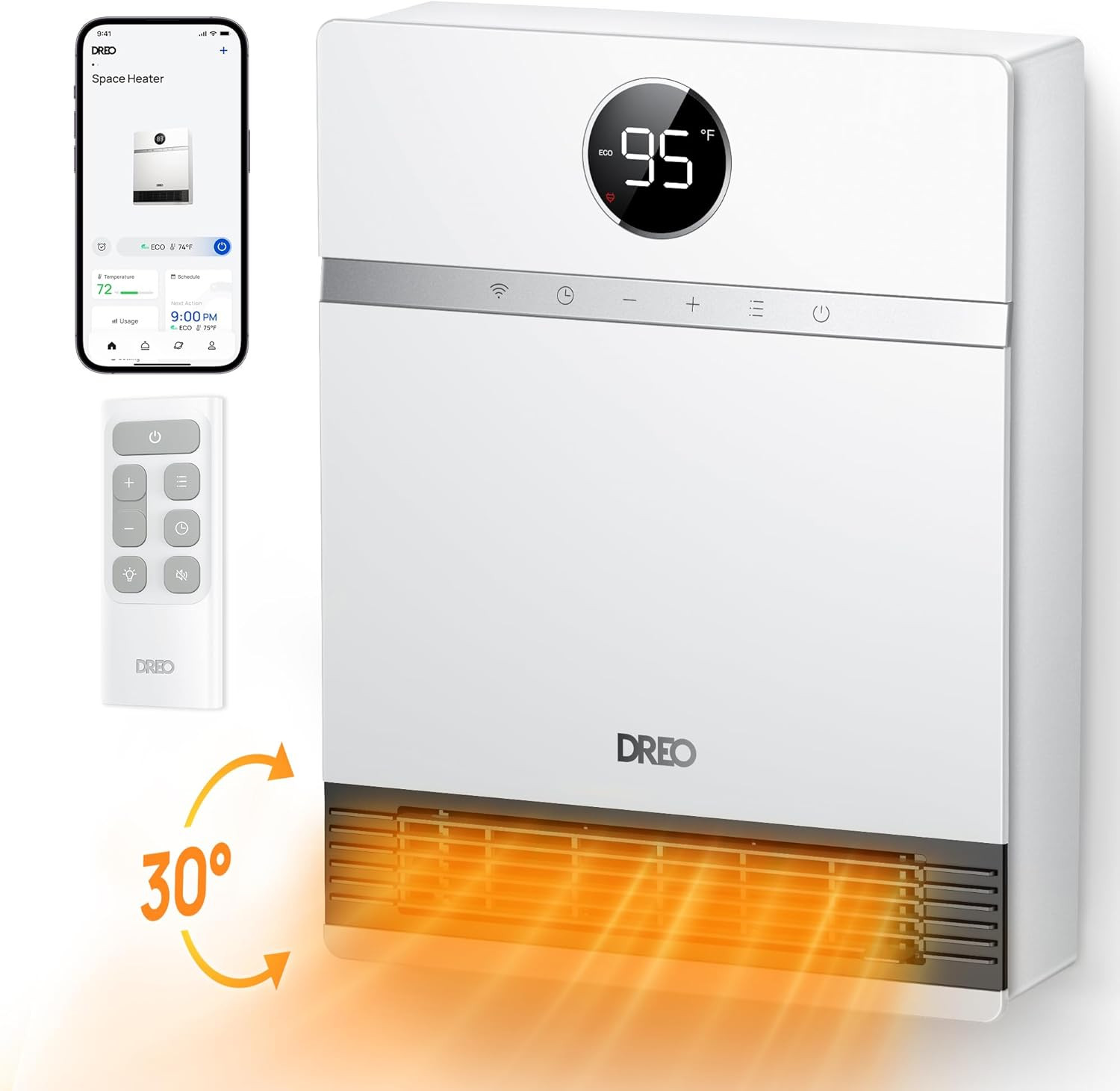 Smart Wall Heater, IP24 Electric PTC Space Heaters for Indoor Use, 30° Oscillati