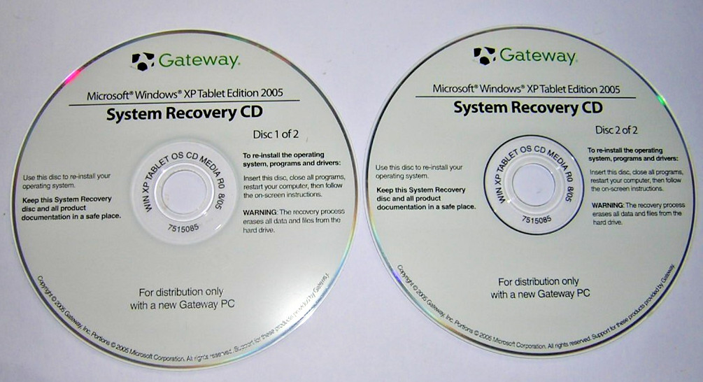 Gateway Windows XP Tablet Edition 2005 System Recovery Restore CD M305CRV MA3