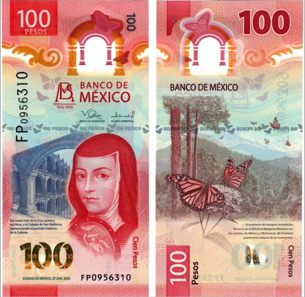 2025 Mexico 100 Pesos UNC Polymer Banknote 100th Ann Central Bank, Butterfly