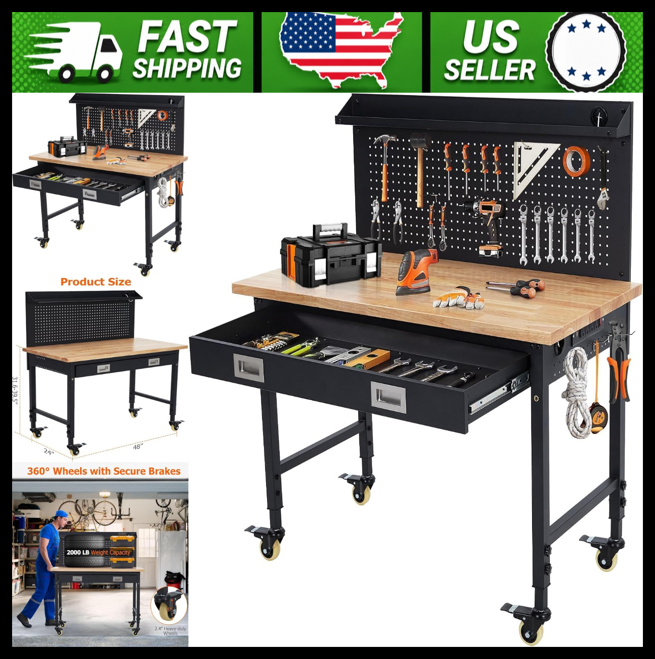 Heavy Duty Adjustable Height Workbench with Drawer, Pegboard & Wheels
