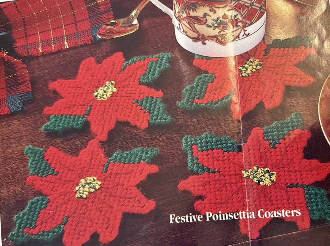 Vtg Rare FESTIVE POINSETTIA COASTERS Needlepoint Plastic Canvas Pattern