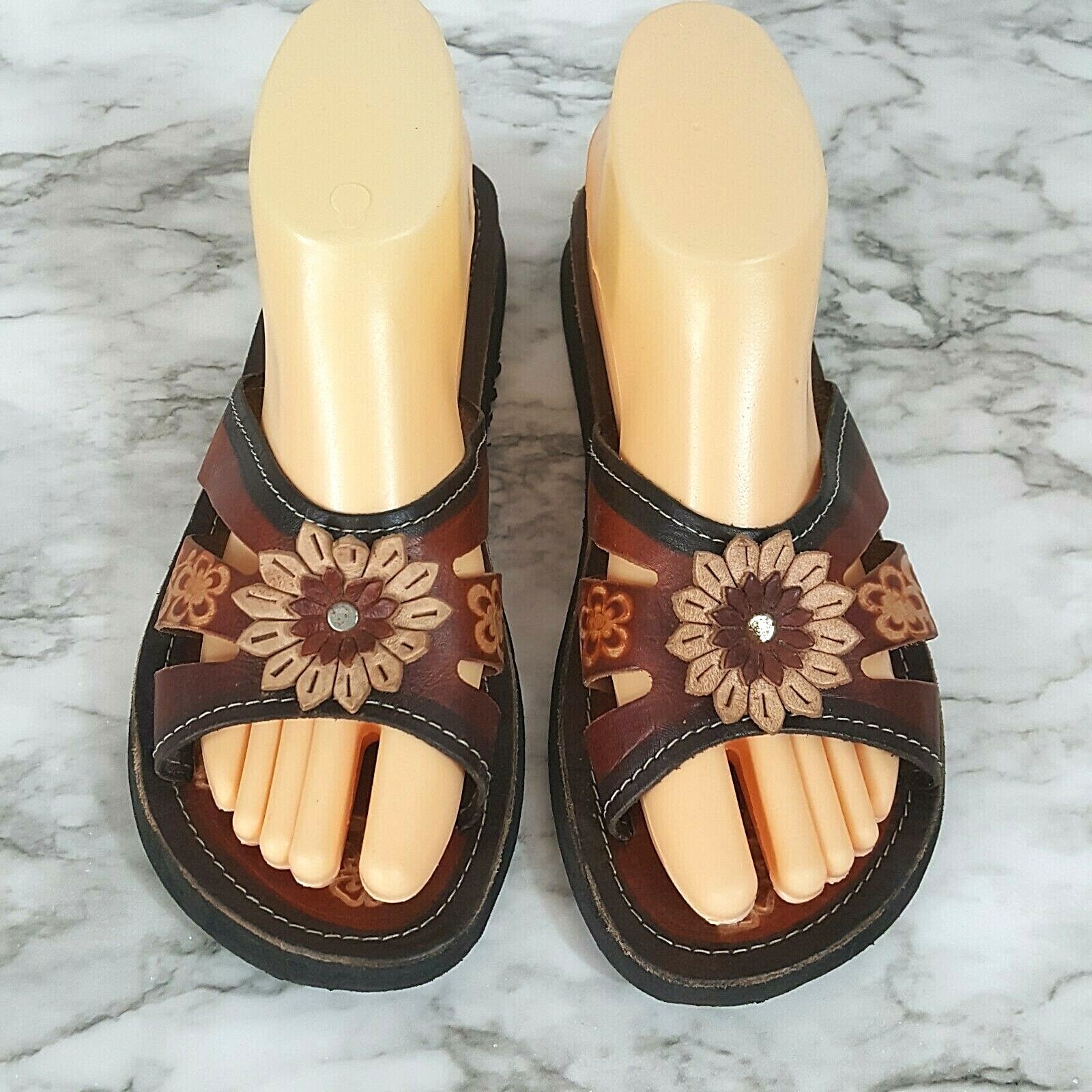 Artesanias Sandal Womens Size 5 Tooled Brown Leather Daisy Artisan Festival