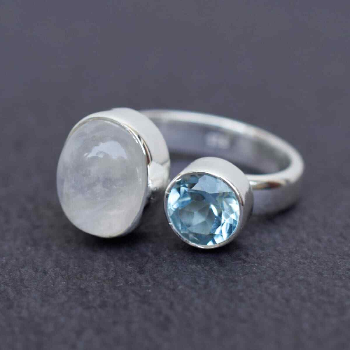 Adjustable Blue Topaz & Moonstone Ring 925 Sterling Silver All Size MO5318