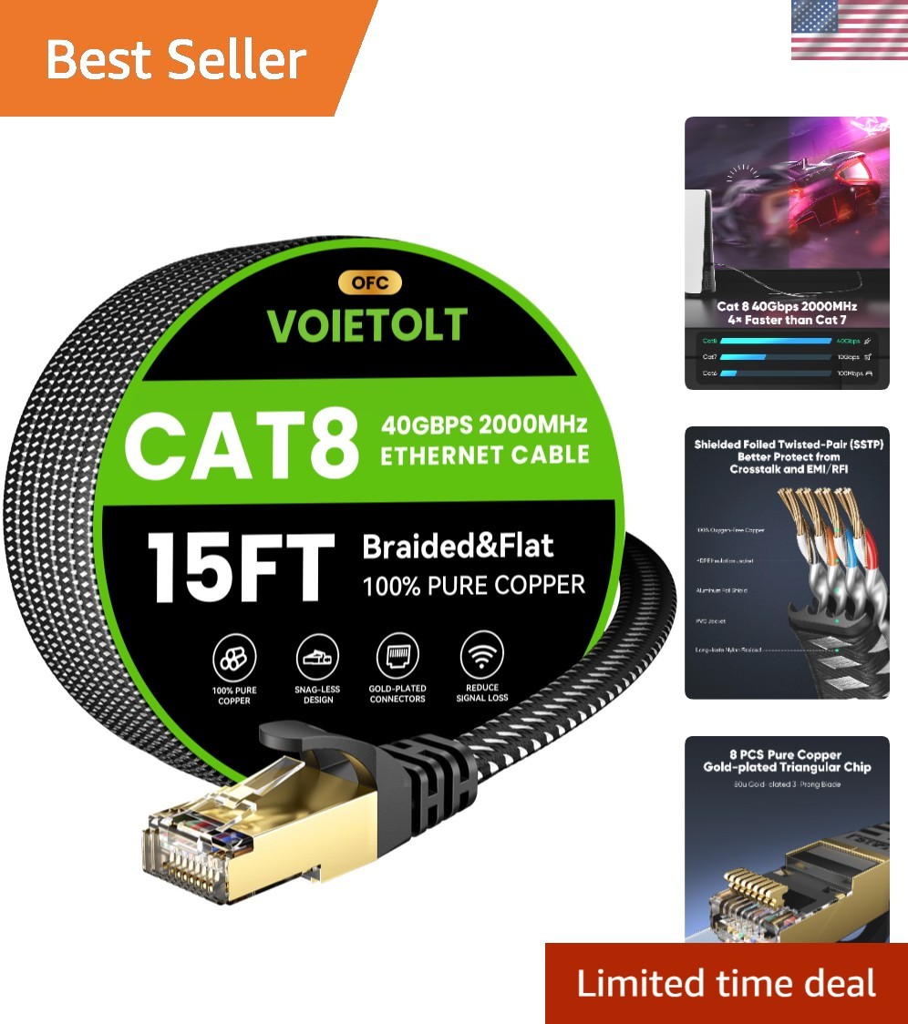 Cat 8 Ethernet Cable 15 FT Flat, High Speed 40Gbps, Braided, Gold Plated RJ45...