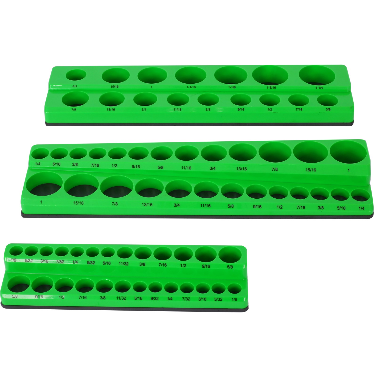 3 Piece SAE Magnetic Socket Organizer Set, Green Plastic Toolbox Holder