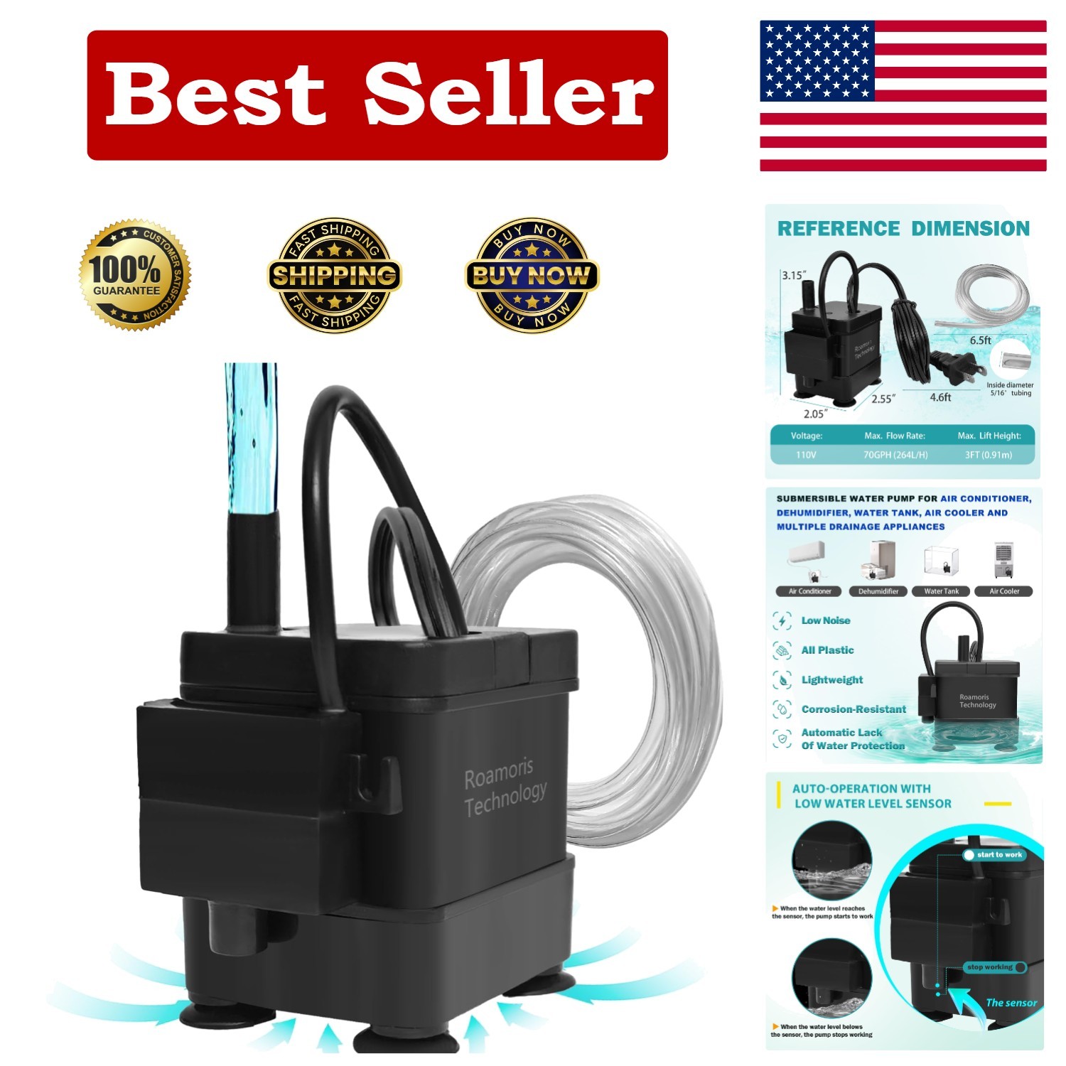 Compact & Quiet 110V Automatic Submersible Pump with Level Sensor - 3ft Lift