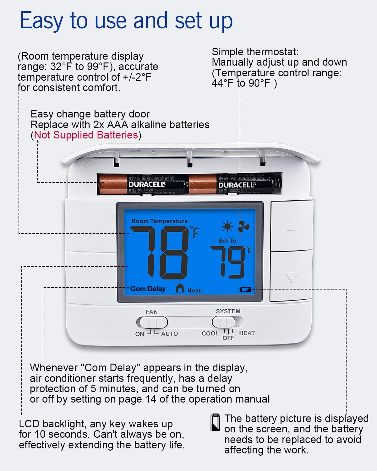 Non Programmable Thermostat for Home 1 Heat/ 1 Cool Single-Stage System, Temp...