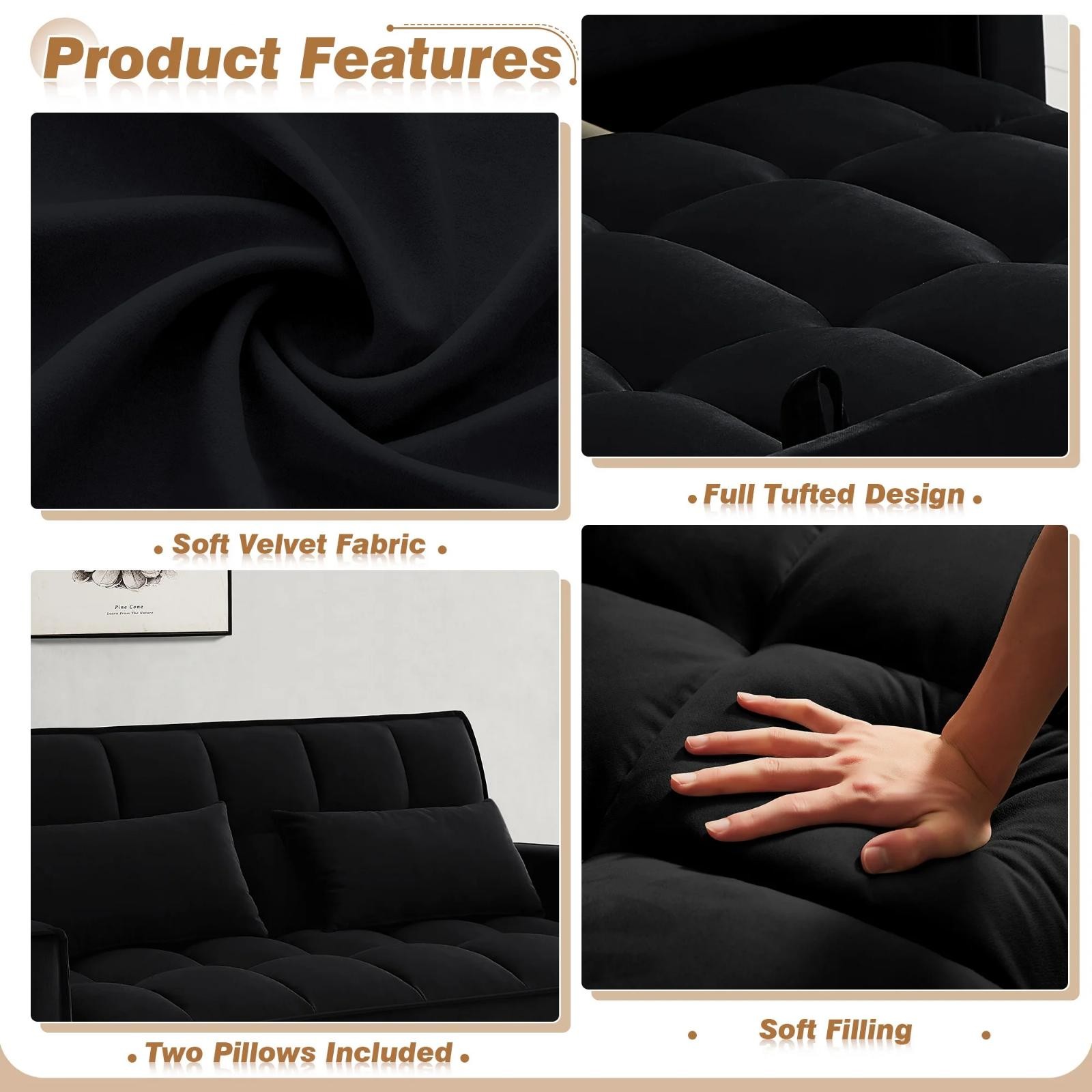 4-In-1 Convertible Pull Out Couch Futon Sofa Bed Loveseat Sleeper Velvet Tufted