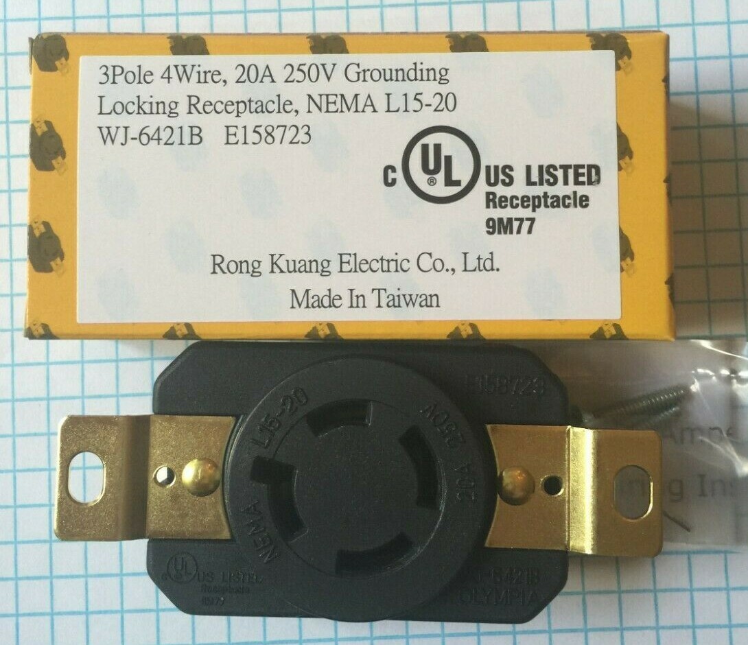 NEMA L15-20, GROUNDING LOCKING RECEPTACLE, UL LISTED, 3 POLE, 4 WIRE, 20A, 250V