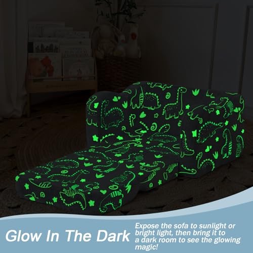 Kids Dinosaur Couch – Foldable Toddler Chair, Glow-in Polyester Gray Dinosaur