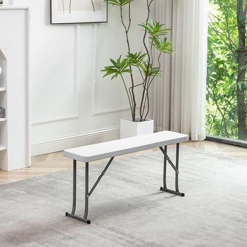 Folding Picnic Table Set White Heavy Duty HDPE Rectangle Table Two Benches