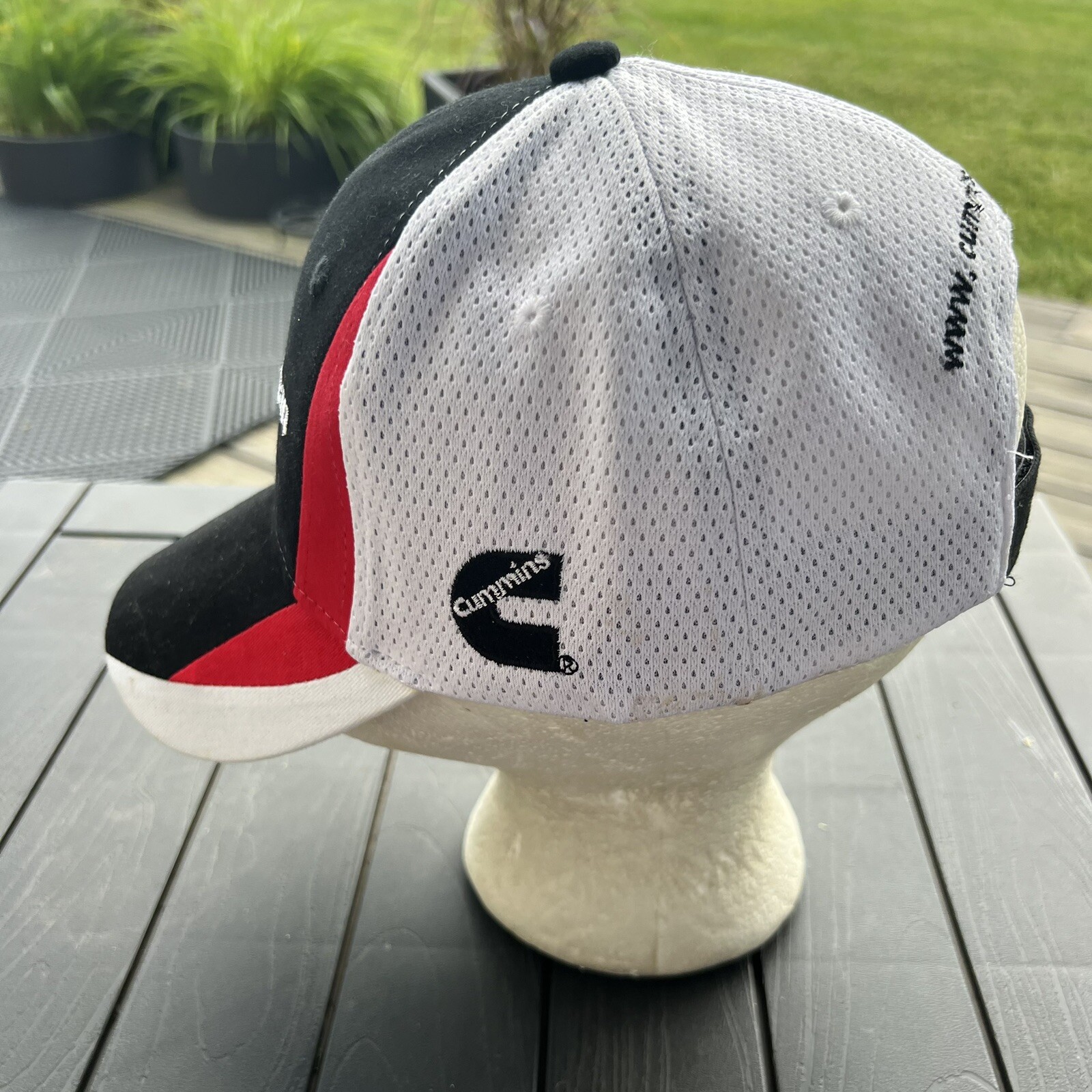 Cummins Onan White Hat Cap w Red and Black Accents Hook Loop Side Cummins Logo