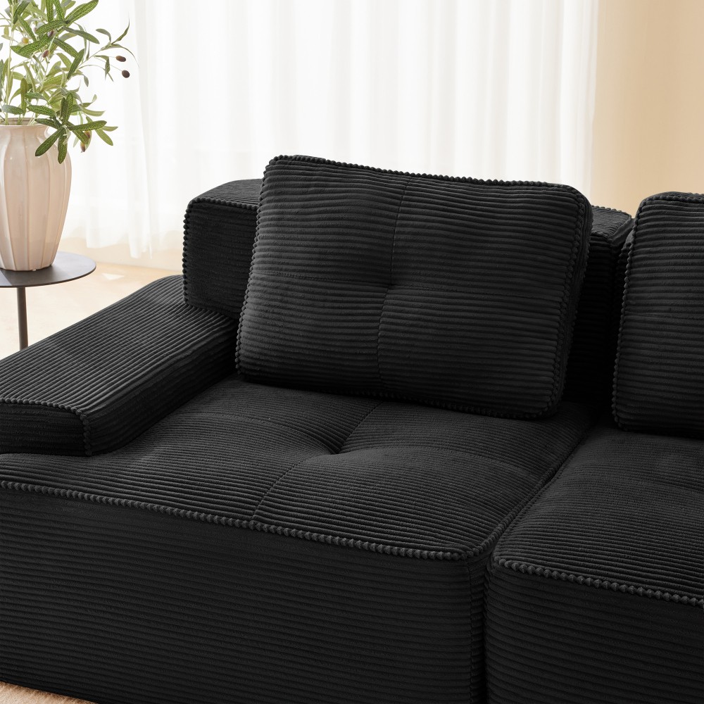 117" Modern Modular Sofa w/ Deep Seat, Tufted Design, Corduroy Fabric, Black