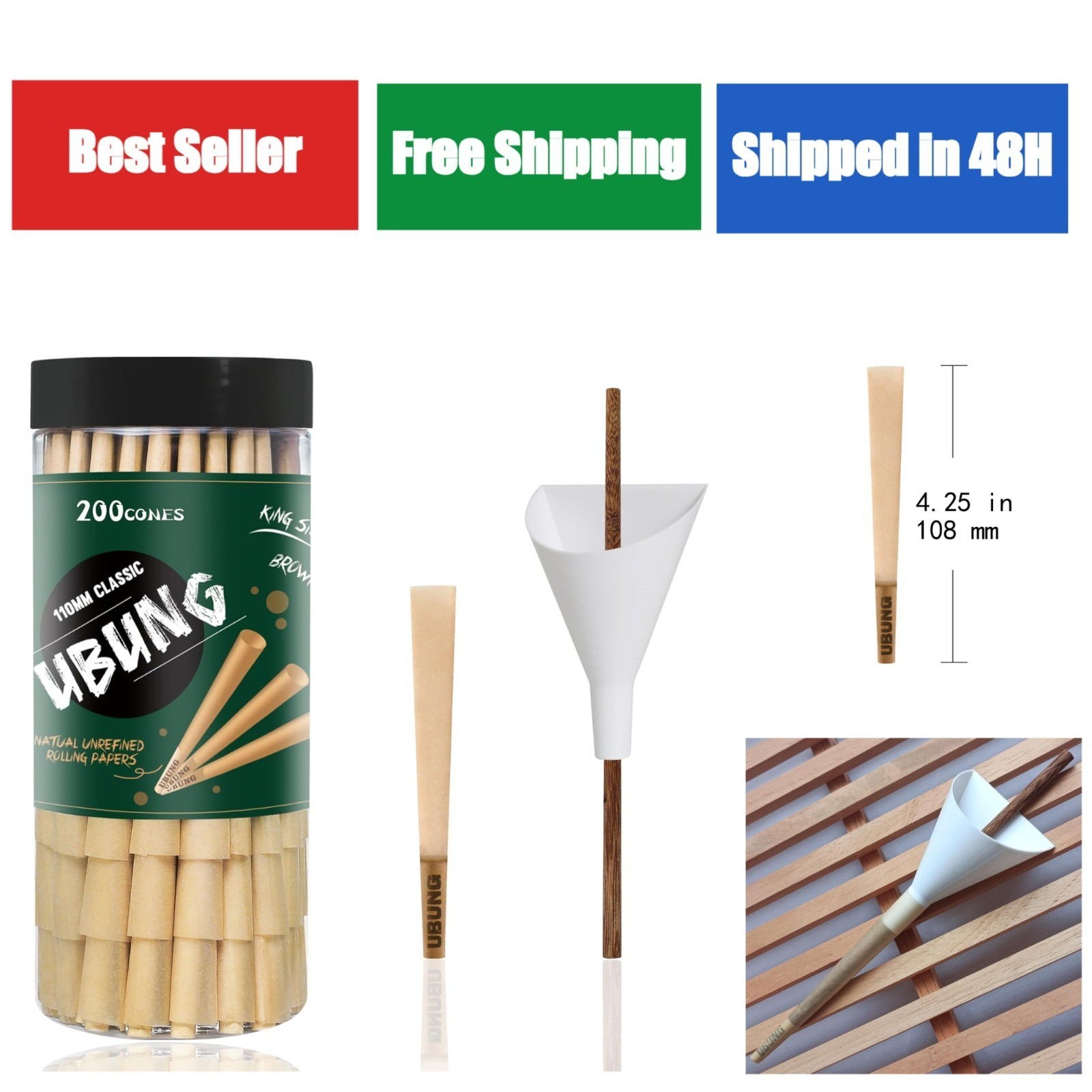 UBUNG 200 Pcs King Size Brown Rolling Paper Cones with Tips & Loader