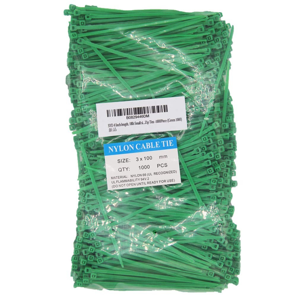 4 Inch Green Zip Ties (1000 Pieces), 18lb Strength, Nylon Cable Wire Ties