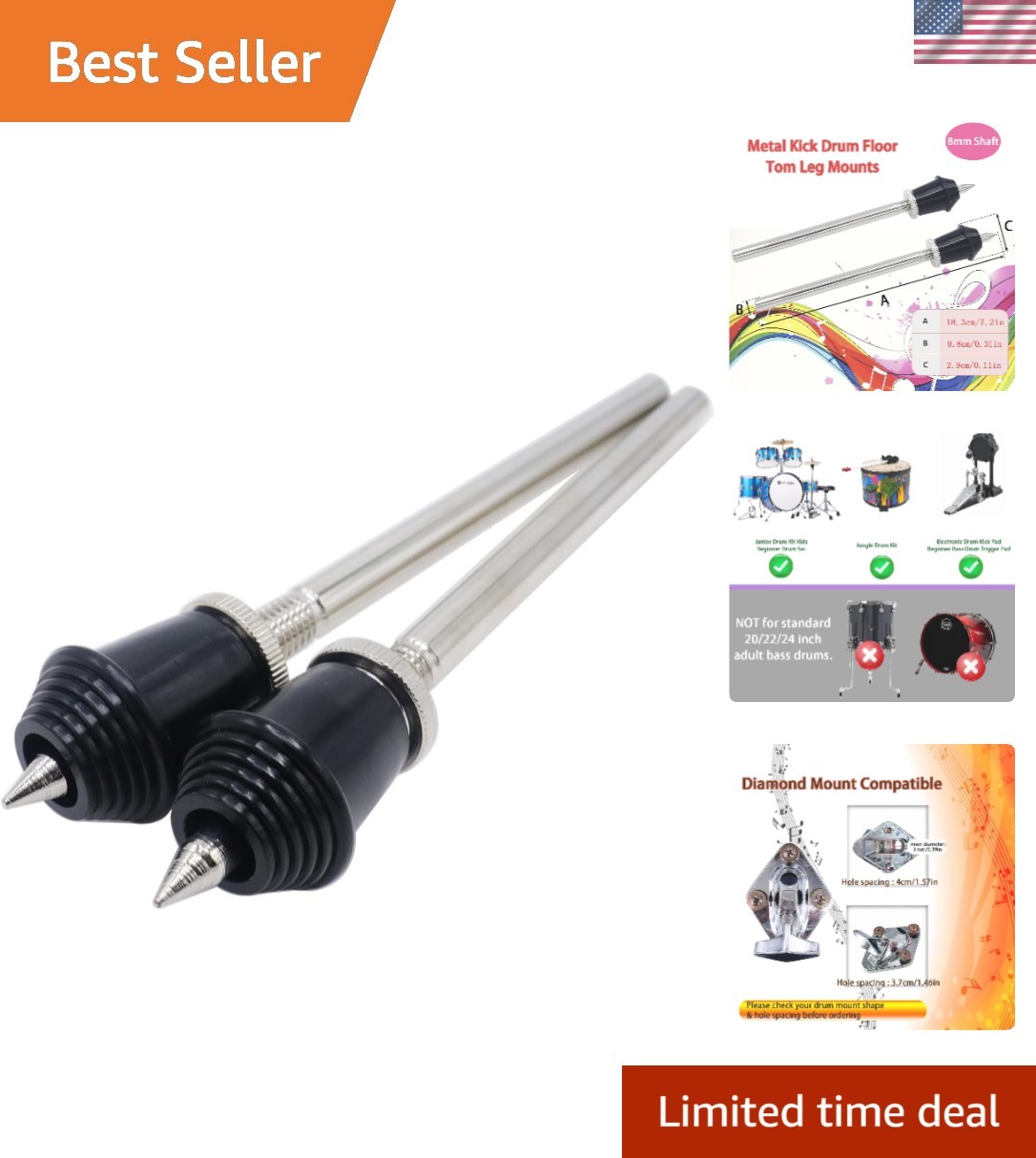 2PCS Bass Drum Spurs 8mm Shaft, Straight Kick Drum Legs for Junior Kids Drum ...