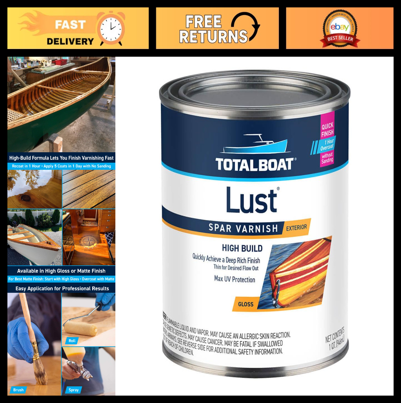 High Gloss & Matte Marine Varnish for Wood, Boats & Outdoor Furniture - Quart Si