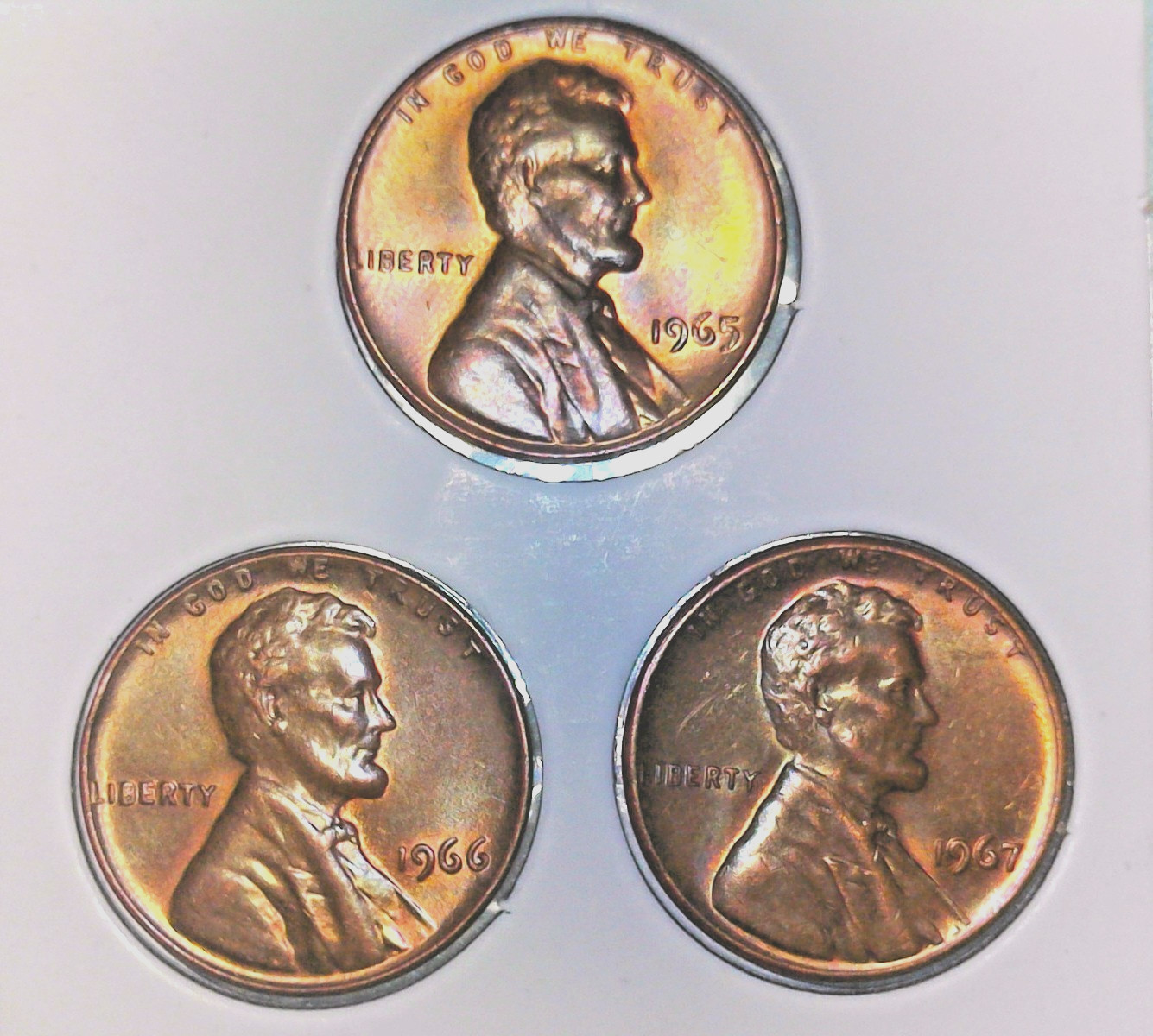 1965, 66 & 67 Lincoln Cent, Rainbow toned