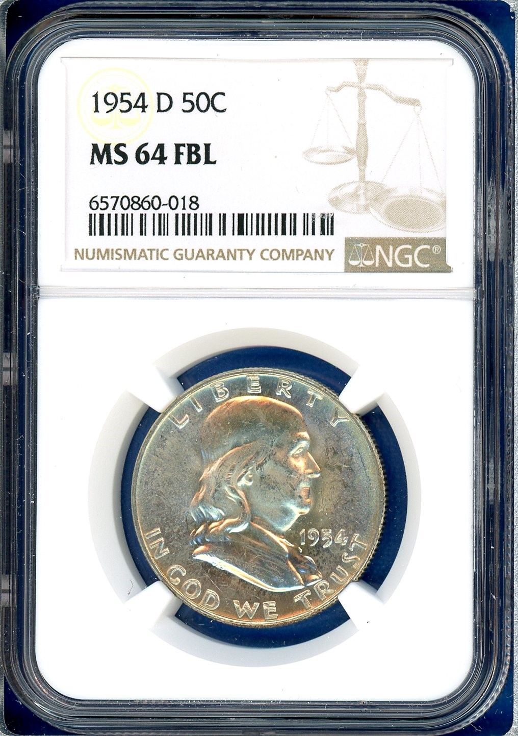 1954 D NGC MS64 FBL Franklin Silver Half Dollar US Mint Coin 1954-D MS-64 FBL