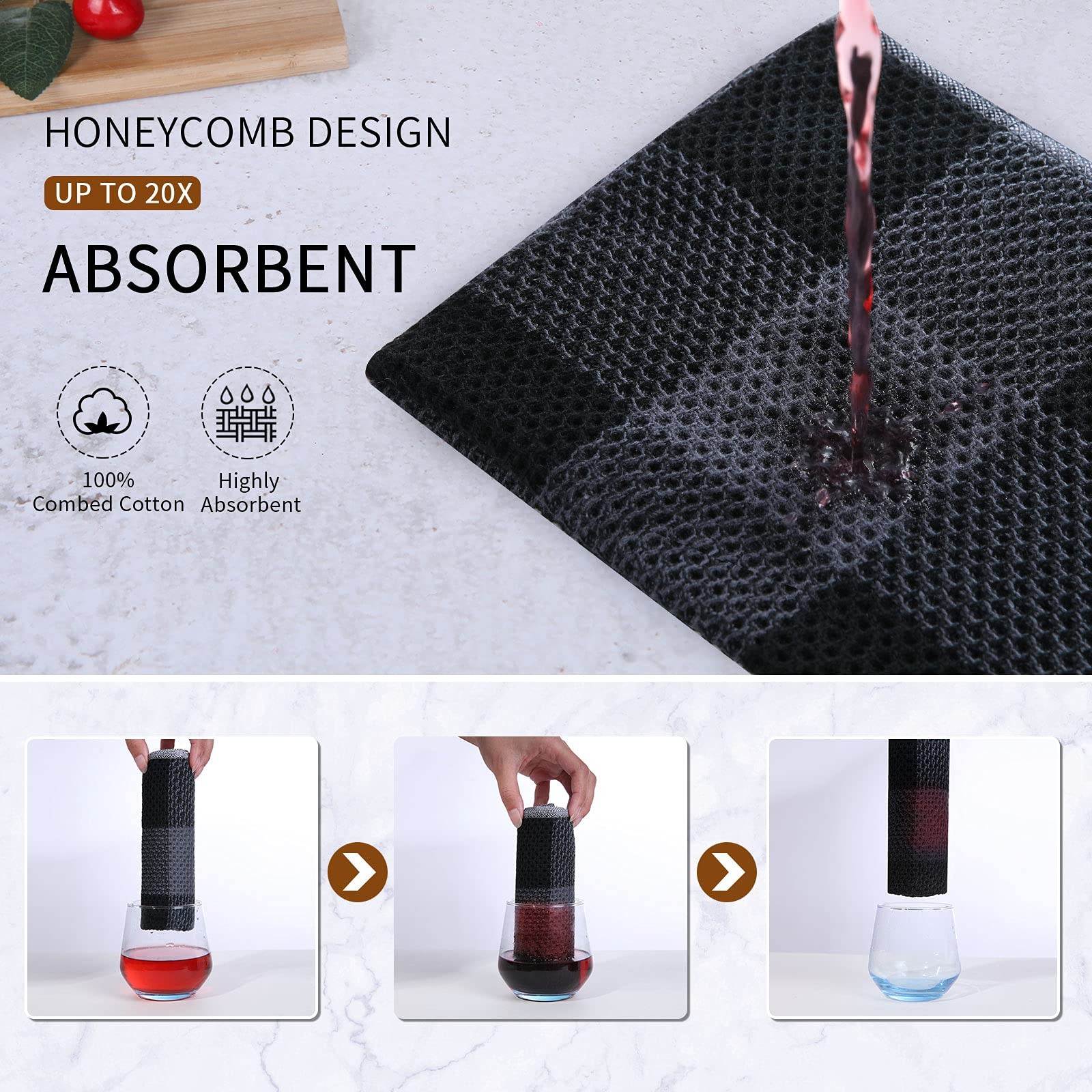 Super Soft 100% Cotton Waffle Kitchen Towels, 4-Pack, Black & Grey Check