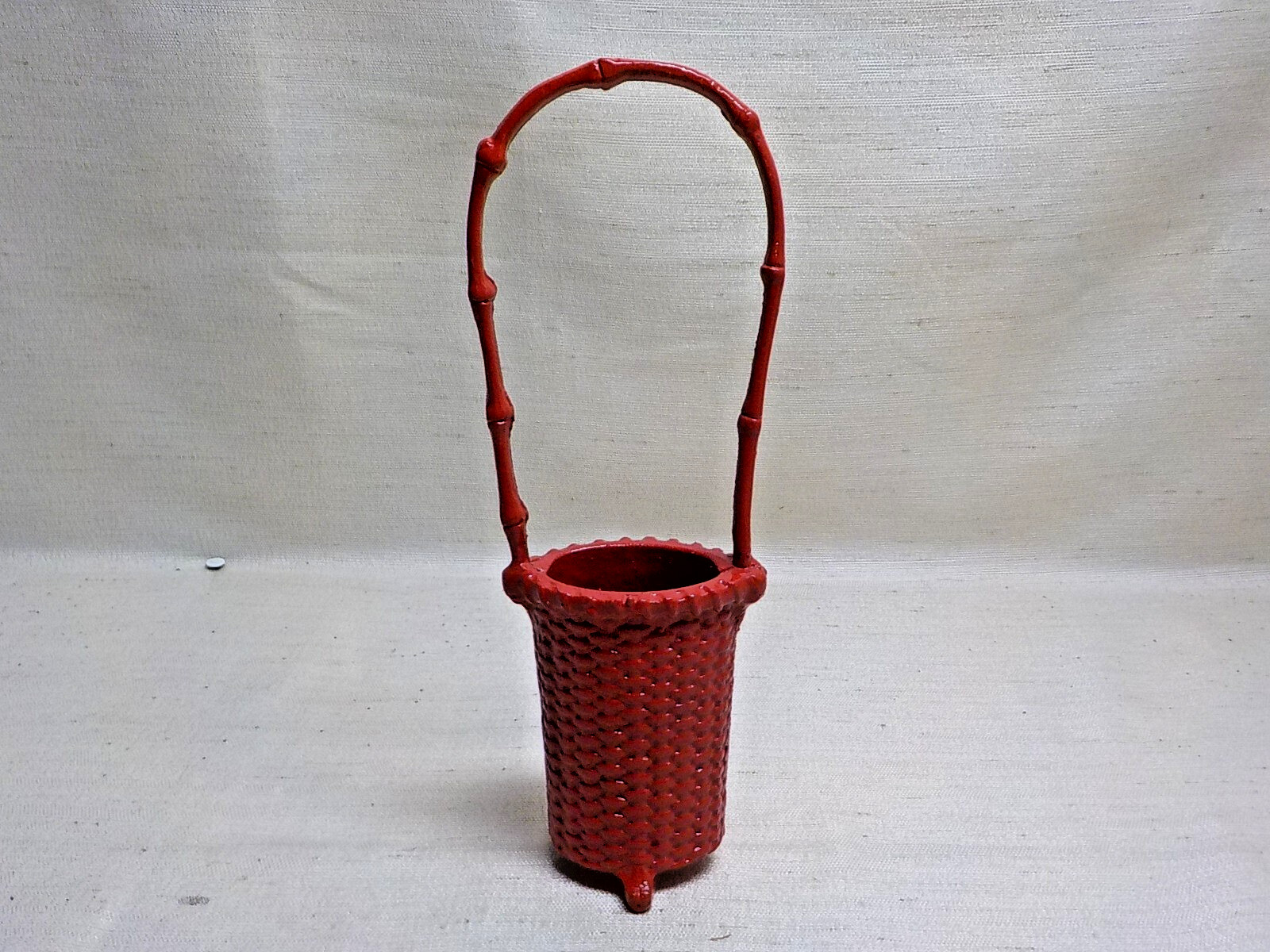 Vintage Cast Iron Heavy Dept 56 Red Footed Bamboo Style Handle Basket