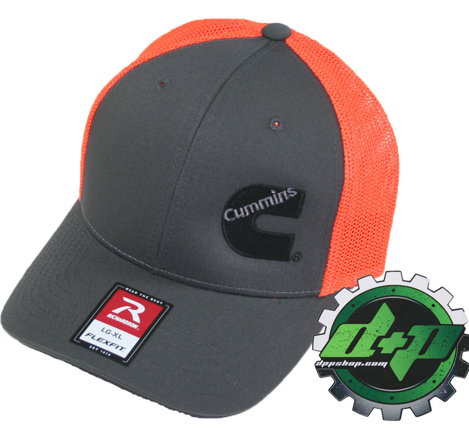 Cummins trucker hat richardson Charcoal Gray Orange mesh flex fit lg/xl