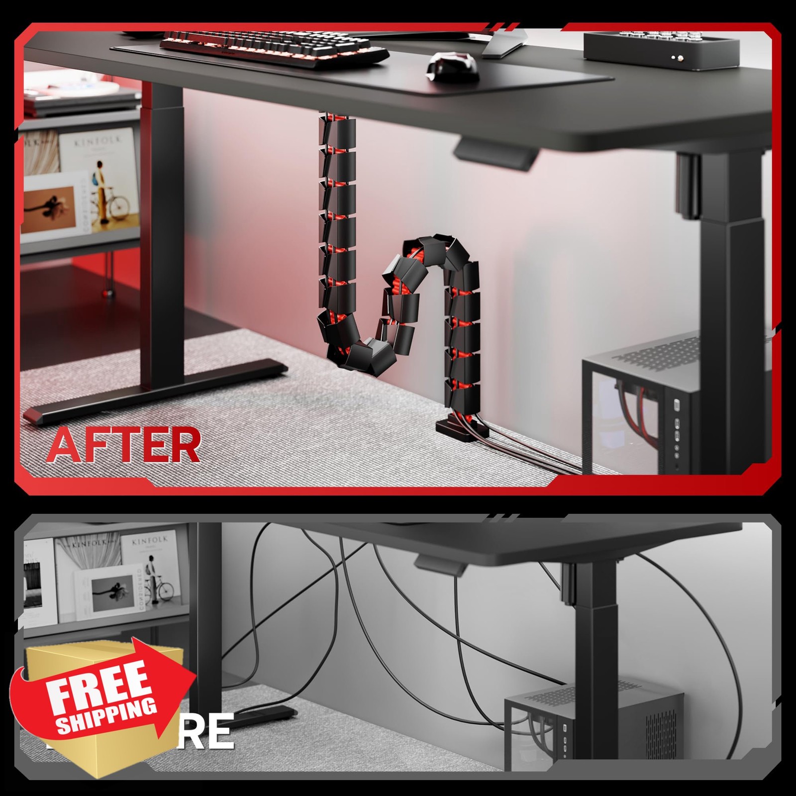 ARES WING Under Desk Cable Management Spine Magnetic Adjustable Red