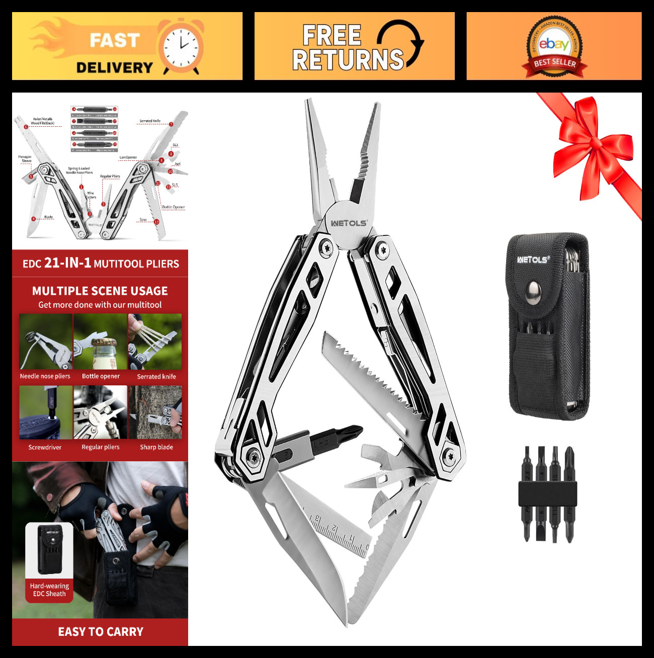21-in-1 Stainless Steel Multitool with Pocket Knife & EDC Sheath - Perfect Gift