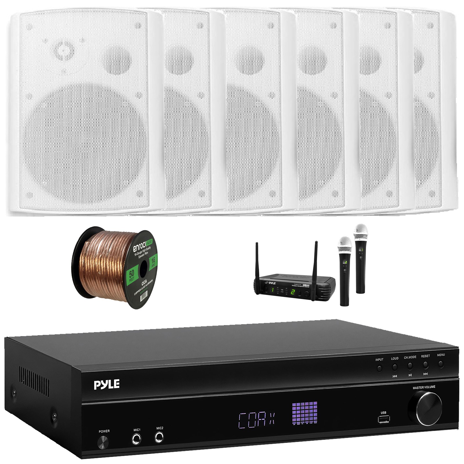 Pyle Bluetooth Amplifier Receiver, 6x 6.5" 500W Max Power White Speakers + Mic
