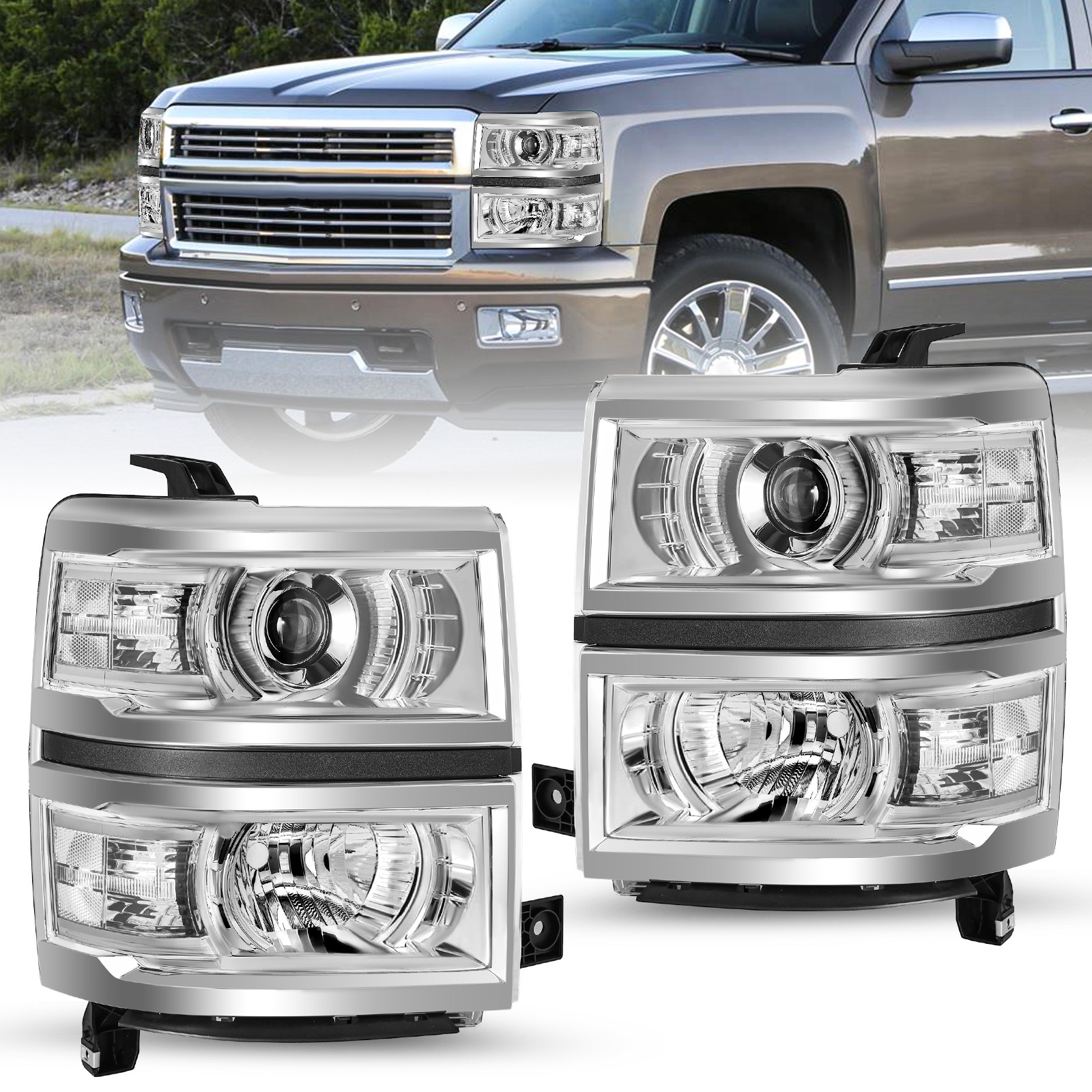 For 2014-2015 Chevy Silverado 1500 Projector Headlights Chrome Headlamps w/Bulbs