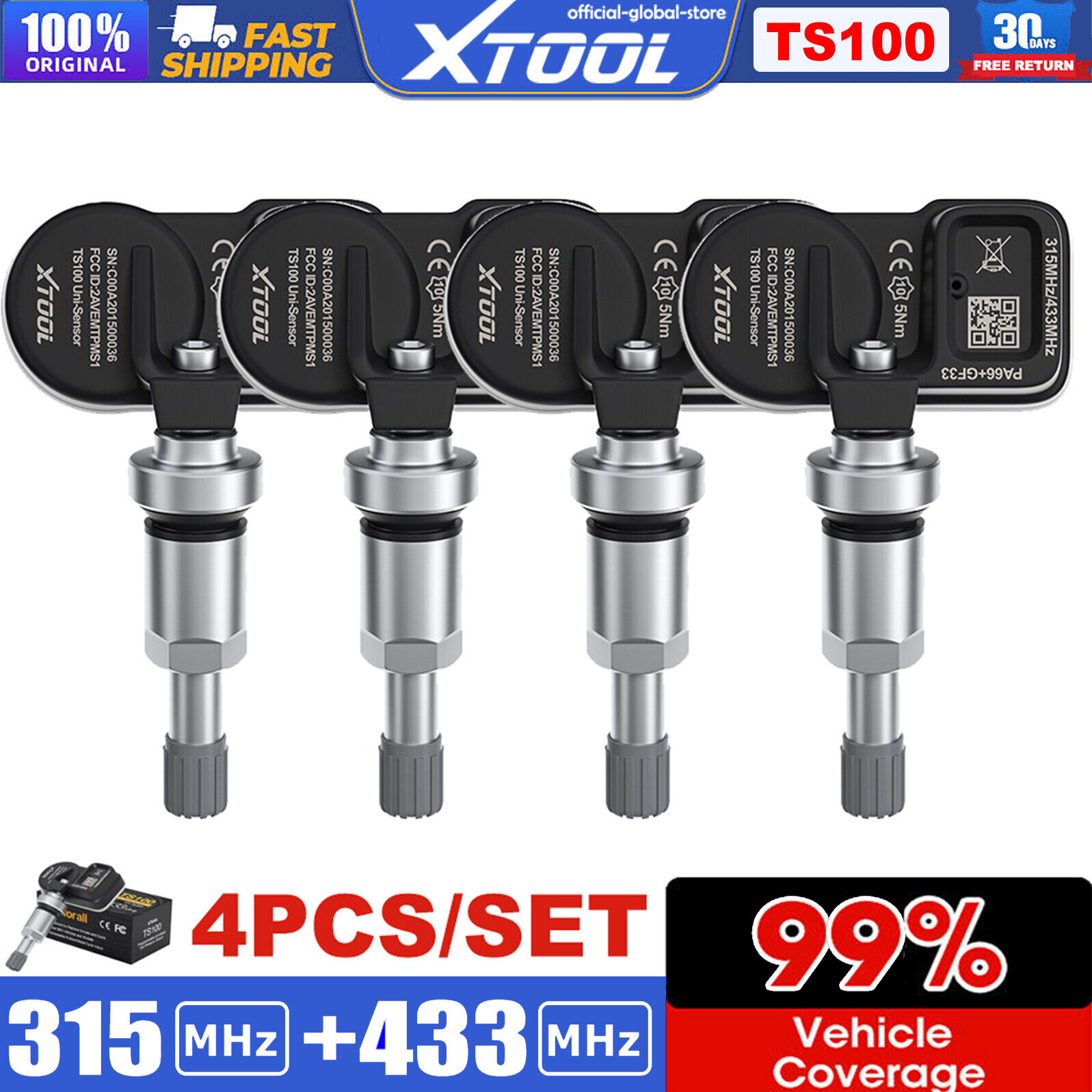 XTOOL TS100 TPMS 315MHz & 433MHz Programmable Tire Pressure Sensor 4pack Metal