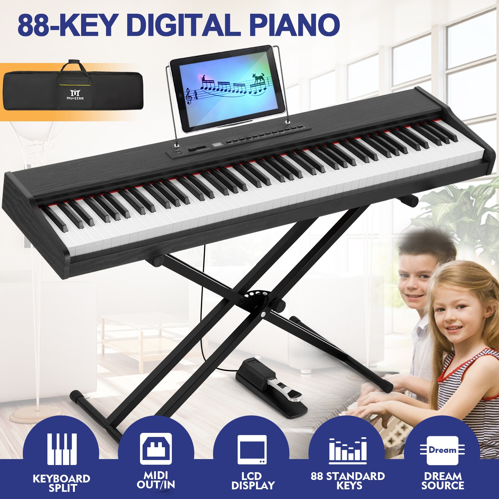 Mustar Black 88Key Electric Digital Piano Semi Weighted Stand,MIDI USB,Pedal,Bag