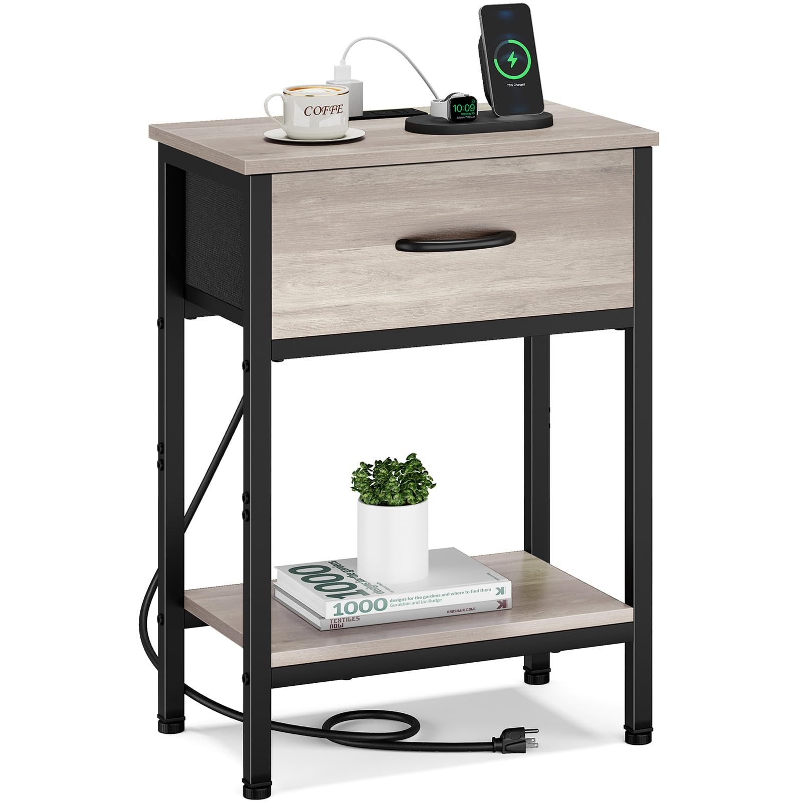 Nightstand Charging Station End Table Fabric Drawer 2Tier Shelves Greige