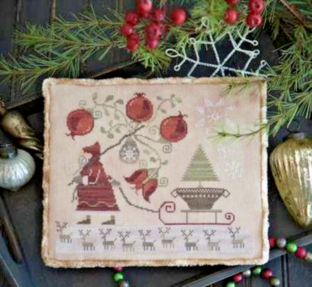 Pomegranate Santa Cross Stitch Pattern Winter Christmas Sampler Season Primitive