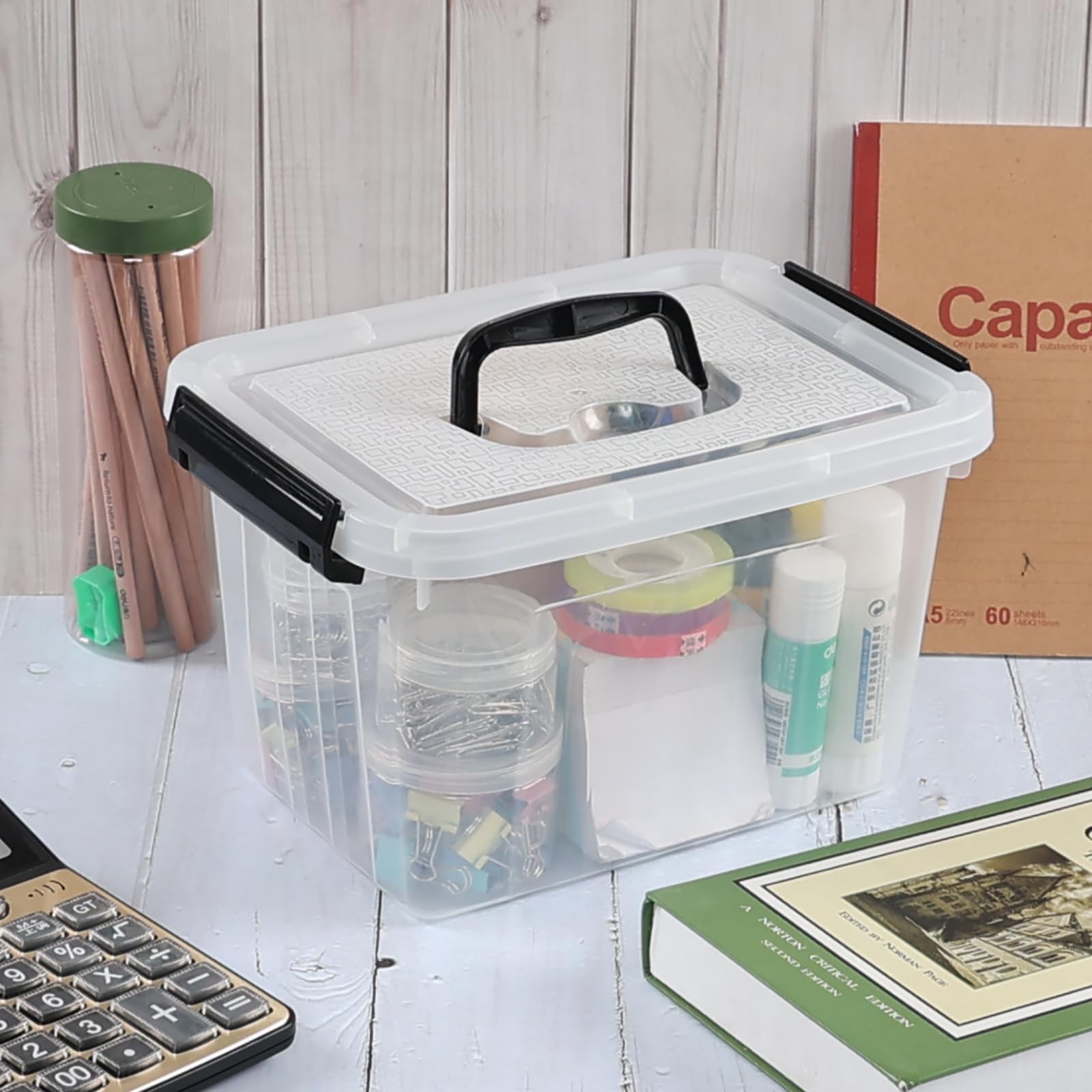 4 Packs Plastic Stackable Storage Container Bin with Lid and Latch, Plastic L...