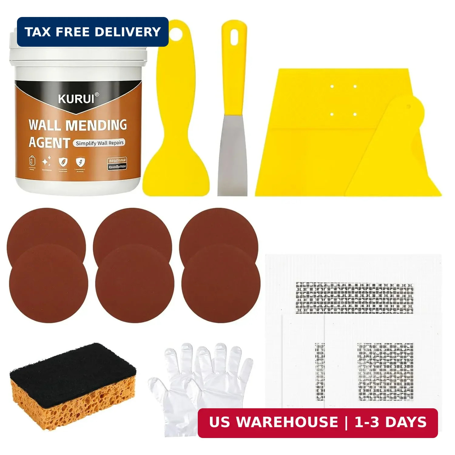 KURUI Drywall Repair Kit, 8.8oz Spackle Wall Repair Paste with Scraper, 6 Sandpa