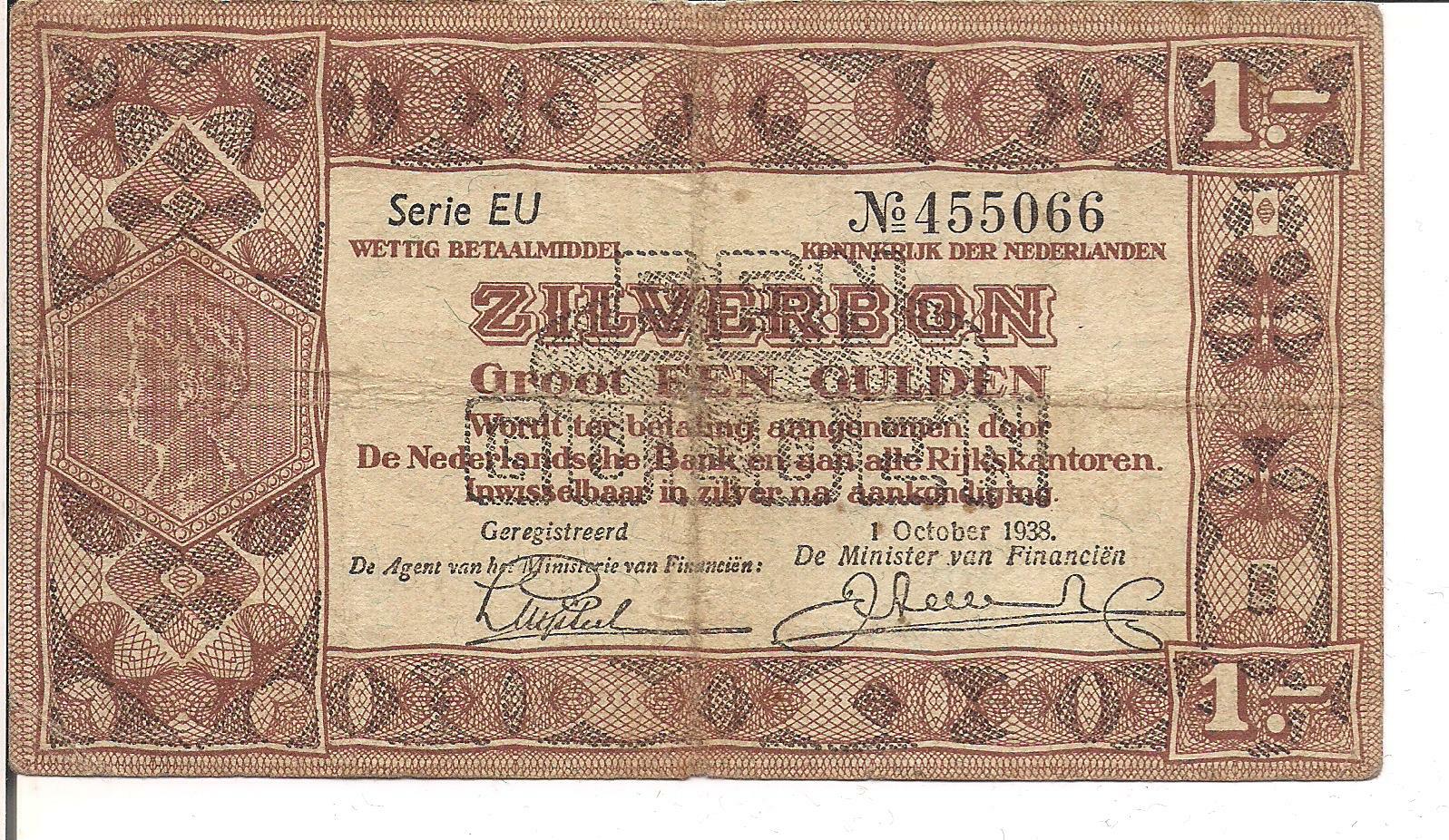 NETHERLANDS, 1 GULDEN, SILVERBON, 1938