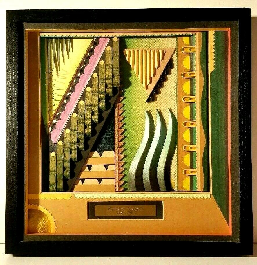 AMERICAN ARTIST RICHARD MAXON MIXED MEDIA COLLAGE ART w/ BRASS PLAQUE