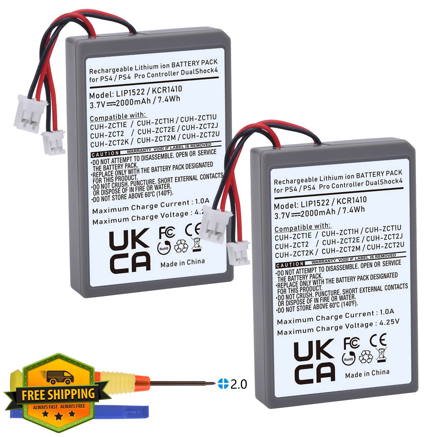 Batmax 2Pcs PS4 Controller Battery 2000mAh