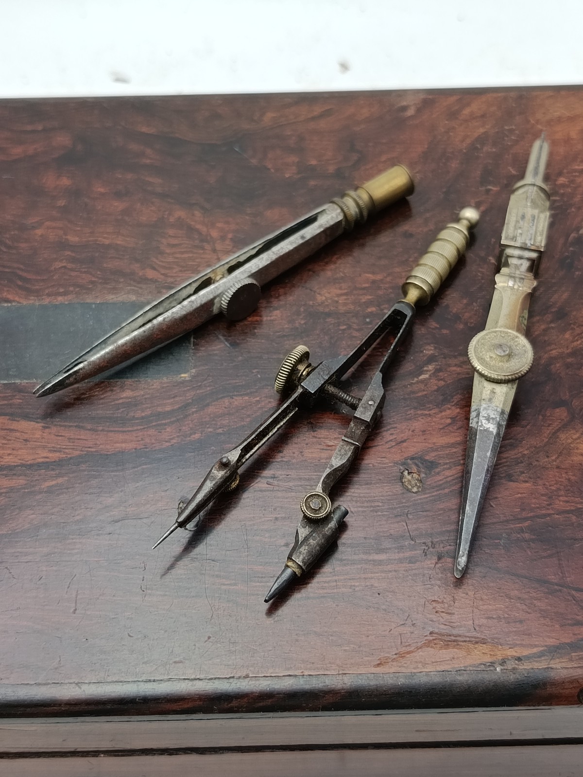 Victorian Rosewood Case Brass Engineering Drawing Tools Compasses Protractor etc