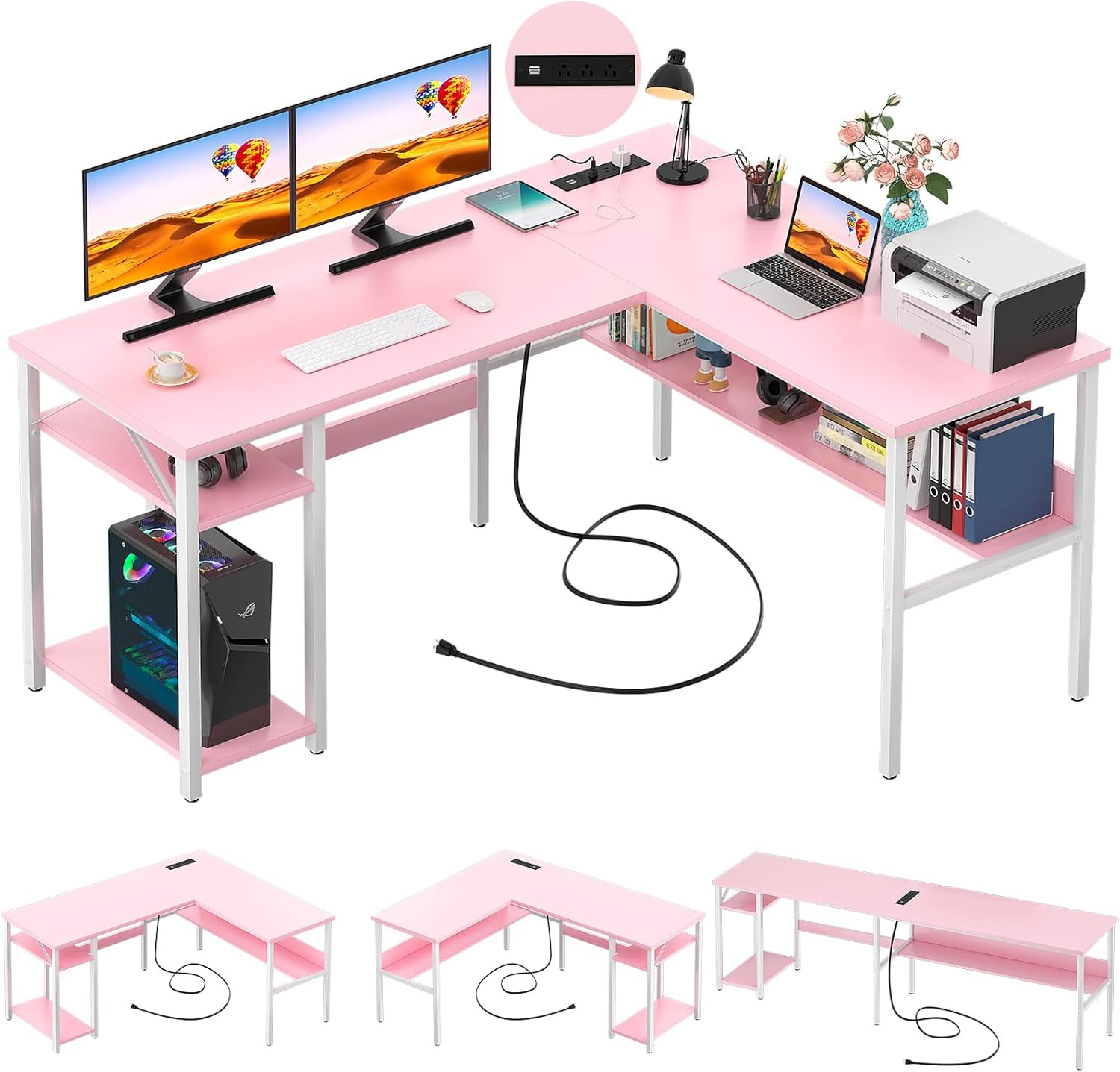 Reversible L Shaped Desk with Magic Power Outlets and USB Charging Ports, Sturdy