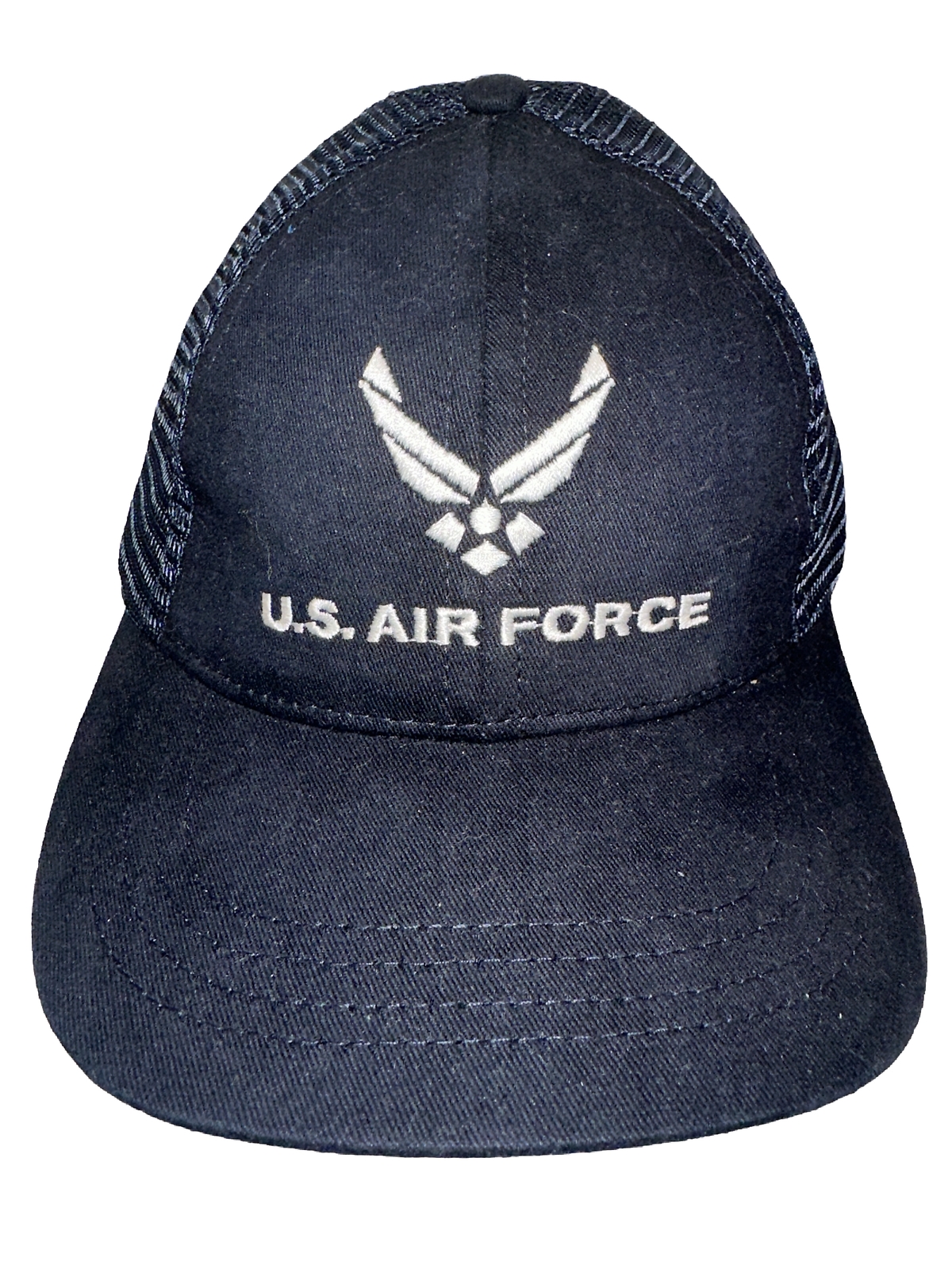U.S. Air Force White on Navy Blue Fabric Mesh Hat Cap Hook Loop