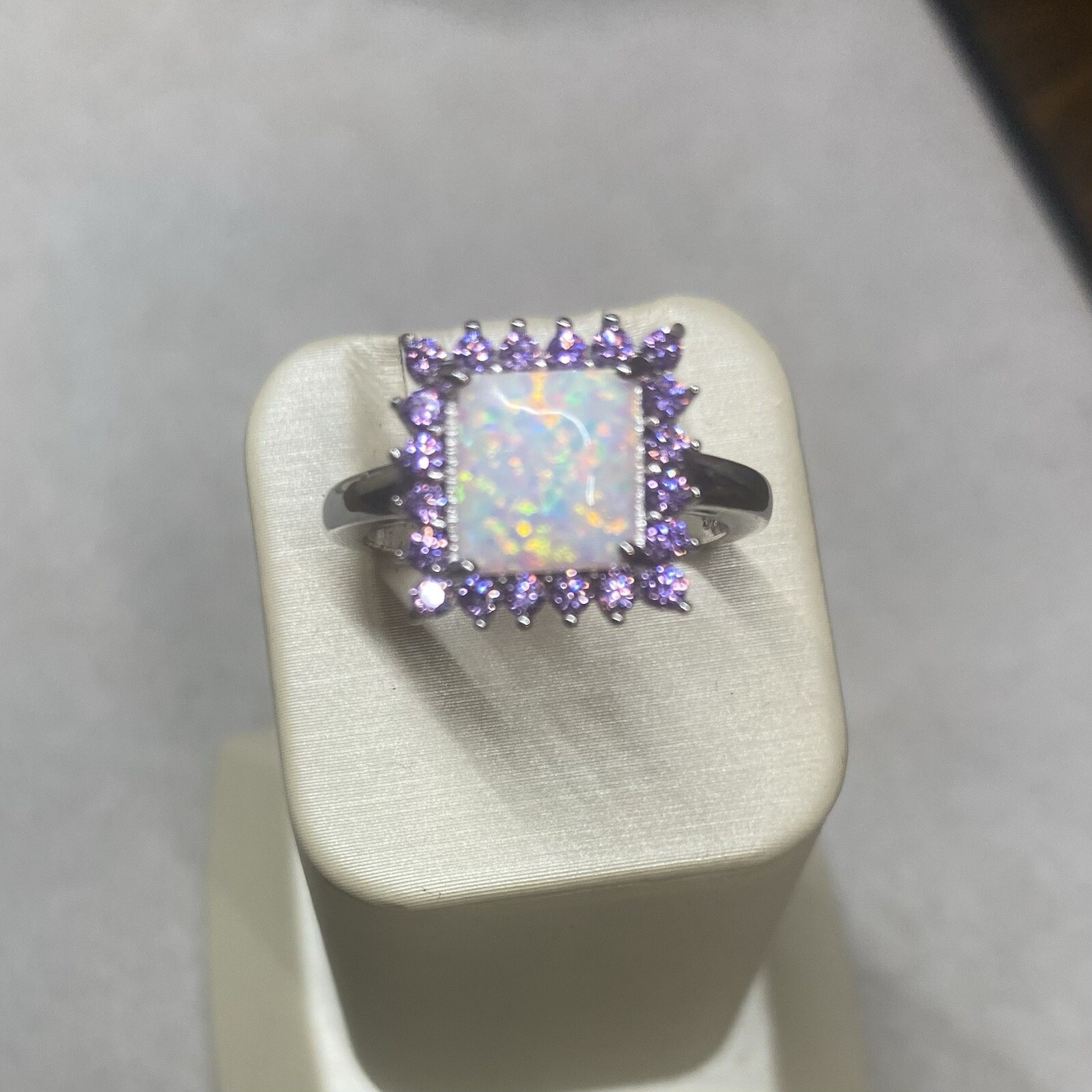 Sterling Silver Created Opal And Amethyst CZ Ring Rhodium Plated