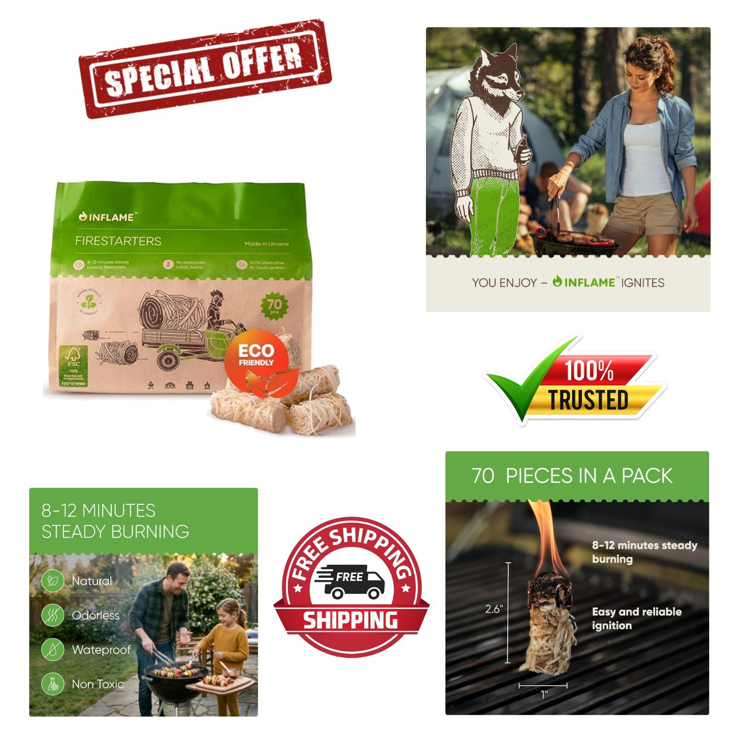 70 Count Weather-Resistant Natural Fire Starters - Perfect for BBQ & Fireplace